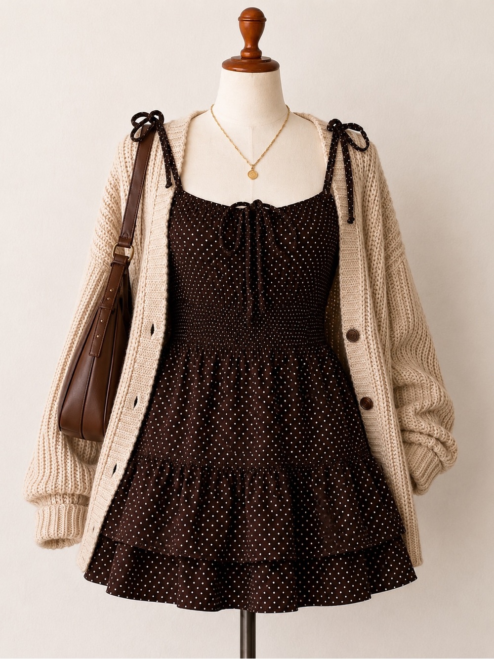 Sim & Sam Brown Polka Dot Mini Milkmaid Dress  Chocolate Brown Fall Dress L